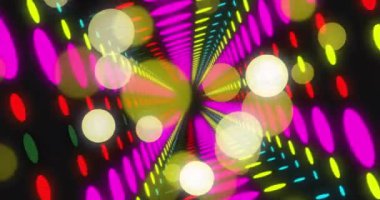 Siyah arkaplanda renkli neon noktalar ve dijital tünel animasyonu. Soyut arkaplan, geçmişe dönük gelecek ve dijital olarak oluşturulmuş görüntü konsepti.