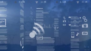 Manzara üzerinde veri işleme animasyonu. Küresel iş, finans, dijital arayüz, hesaplama ve veri işleme kavramı dijital olarak oluşturulmuş video.