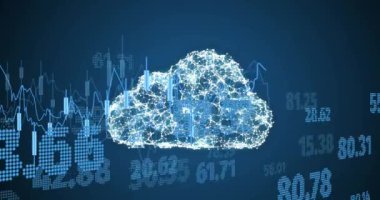 Bulutların üstünde finansal veri işleme animasyonu. Küresel iş, finans, bulut hesaplama ve veri işleme kavramı dijital olarak oluşturulmuş video.