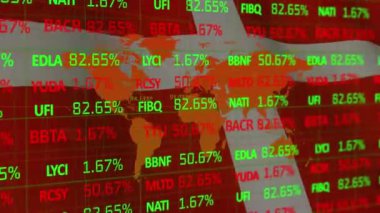 Finansal veri işleme ve bayrak üzerindeki dünya haritasının animasyonu. Küresel finansman, ulusal bayraklar ve dijital arayüz konsepti dijital olarak oluşturulmuş video.