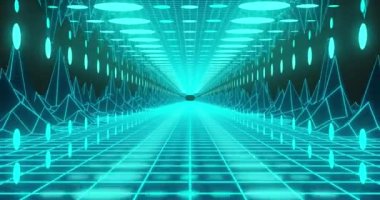 Dijital tünelin üzerinde yeşil neon noktaların animasyonu. Soyut arkaplan, geçmişe dönük gelecek ve dijital olarak oluşturulmuş görüntü konsepti.