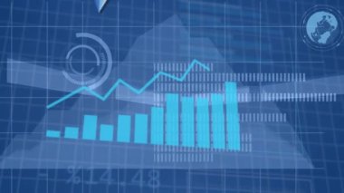 Veri işleme ve istatistiklerin animasyonu. Küresel iş, finans, bilgisayar ve veri işleme kavramı dijital olarak oluşturulmuş video.