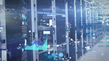 Sunucu odasında hareket eden grafiklerin, bilgisayar dillerinin ve moleküllerin animasyonu. Dijital bileşik, çoklu pozlama, işletme, veritabanı, rapor, ağ güvenliği, veri merkezi, ağ oluşturma, teknoloji.