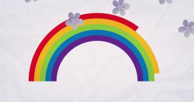 Beyaz arka planda gökkuşağı üzerindeki çiçeklerin canlandırması. Gurur ayı, lgbt, eşitlik ve insan hakları konsepti dijital olarak oluşturuldu.