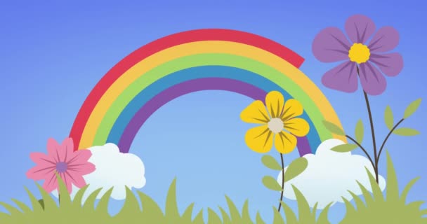 Animace Květin Trávy Nad Duhou Modrém Pozadí Jaro Příroda Koncepce — Stock video