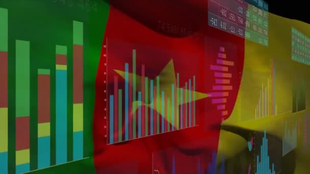 Animace Zpracování Finančních Údajů Nad Vlajkou Kamerunu Globální Finance Národní — Stock video