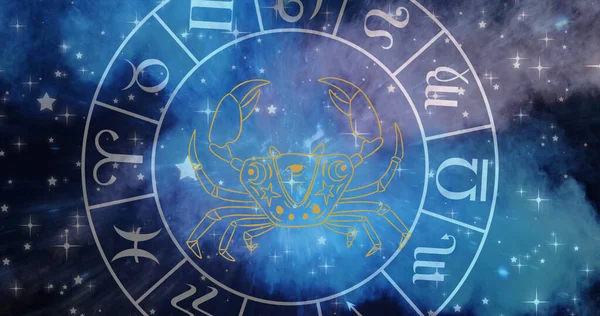 Zodiac star sign wheel with cancer sign over stars. Astrology and horoscope concept digitally generated image.
