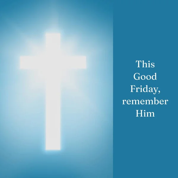 Image of good friday text over blue sky and cross. Good friday and faith concept digitally generated image.