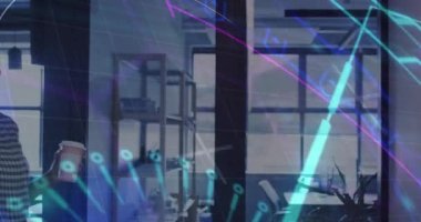 Animation of financial data processing over african american businesswoman using smartphone. Global business, finances, computing and data processing concept digitally generated video.