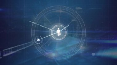 Mavi arkaplandaki simgeler ve veri işleme ile bağlantı ağının animasyonu. Dijital olarak oluşturulmuş küresel bağlantılar, bilgisayar ve dijital arayüz kavramı.