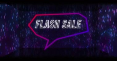 Siyah arkaplandaki ışık noktalarının üzerinde konuşma balonunda flash satış metninin animasyonu. Geçmişe dönük gelecek, renk ve arkaplan kavramı dijital olarak oluşturulmuş video.