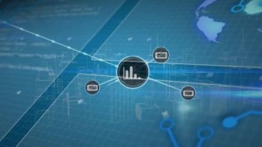 Mavi arkaplandaki simgeler ve veri işleme ile bağlantı ağının animasyonu. Dijital olarak oluşturulmuş küresel bağlantılar, bilgisayar ve dijital arayüz kavramı.