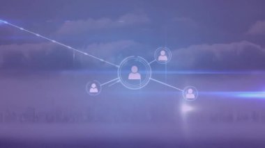 Simgelerle bağlantı ağının animasyonu. Dijital olarak oluşturulmuş küresel bağlantılar, iş, finans, bilgisayar ve veri işleme kavramı.