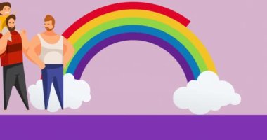 Mor arka planda gökkuşağı üzerinde çocuklu eşcinsel erkek çiftin animasyonu. Gurur ayı, lgbt, eşitlik ve insan hakları konsepti dijital olarak oluşturuldu.