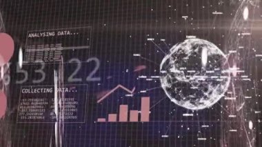 Animation of financial data processing over globe. Global business, finances, computing and data processing concept digitally generated video.