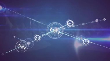 Soyut arkaplanda çizgiler ve lens parlamalarıyla bağlantılı grafik ve araba simgelerinin canlandırılması. Dijital olarak üretilmiş, çoklu pozlama, alışveriş, ekommerce, veri, iş, teknoloji, fütürist.