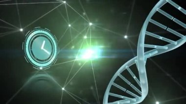 DNA ipliği üzerinde dönen saat ve veri işleme animasyonu. Küresel bilim, dijital arayüz, hesaplama ve veri işleme kavramı dijital olarak oluşturulmuş video.