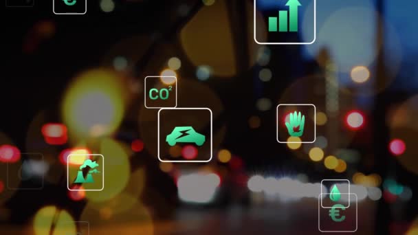 在城市灯光上动画电动汽车图标和数据处理 全球电力运输 计算和数据处理概念 — 图库视频影像