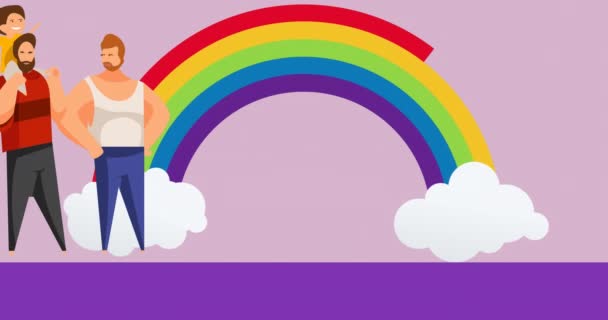 紫色の背景に虹の上に子供を持つ男性のゲイのカップルのアニメーション プライド月間 Lgbt 平等と人権の概念デジタルで生成されたビデオ — ストック動画