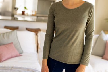 Çift ırklı bir kadın, oturma odasında uzun kollu gri bir gömlek ve fotokopi odası var. Moda, tasarım, renk ve kıyafet konsepti.