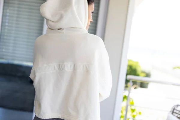 Midsection Biracial Woman Wearing White Sweatshirt Copy Space Fashion Design — Stock Photo, Image