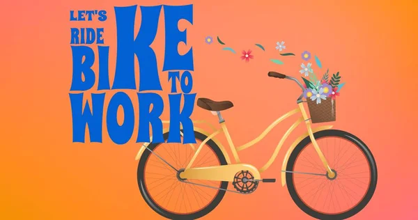 Illustration of bicycle with flowers in basket and let's ride bike to work text on orange background. Copy space, vector, nature, transportation, awareness, healthy and sustainable concept.
