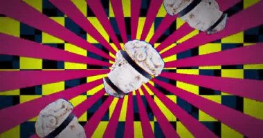 Pembe çizgilerin üzerindeki kafa heykellerinin kareli arka plandaki animasyonları. Sanat, soyut ve hareket kavramı dijital olarak oluşturulmuş video.