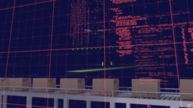 Arkaplandaki grafiklerle iletici banttaki kutuların üzerindeki bilgisayar dilinin animasyonu. Dijital bileşik, çoklu pozlama, rapor, iş, kodlama, paketleme, dağıtım, teknoloji kavramı.