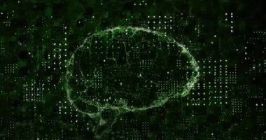 Yeşil arka planda insan beyni simgesinin etrafında dönen noktalar dizisinin animasyonu. Tıbbi araştırma ve bilim teknolojisi kavramı