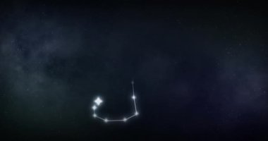 Siyah zemin üzerinde yıldızlar olan akrep burcunun animasyonu. Zodiac işaretleri, yıldızlar ve yıldız konsepti dijital olarak oluşturulmuş video.