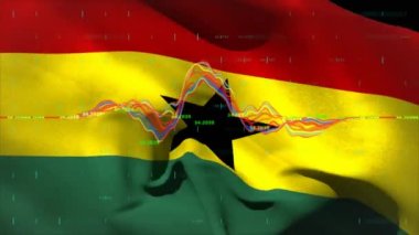 Arka planda sallanan Gana bayrağı üzerinde değişen numaralarla birden fazla grafik animasyonu. Dijital olarak üretilmiş, hologram, rapor, iş teknolojisi, onur, özgürlük ve vatanseverlik kavramı.