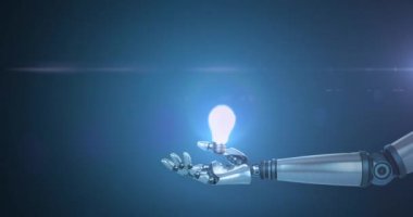 Robotun kolunun animasyonu ve veri işlemeli ampul. Dijital olarak oluşturulmuş küresel yapay zeka, bilgisayar ve veri işleme kavramı.