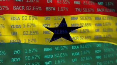 Arka planda Gana bayrağını sallayan ticaret kurulunun animasyonu. Dijital olarak üretilen hologram, borsa, yatırım, teknoloji, onur, özgürlük ve vatanseverlik kavramı.