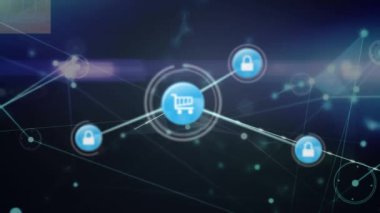 Simgelerle bağlantı ağının animasyonu. Küresel ağlar, işletmeler, finansmanlar, hesaplama ve veri işleme kavramı dijital olarak oluşturuldu.