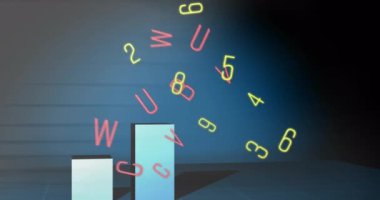 Soyut arkaplan karşısındaki çubuk grafiği üzerinden harfleri ve numaraları değiştirme animasyonu. Dijital olarak oluşturulmuş, hologram, rapor, iş, eğitim, büyüme, illüstrasyon ve teknoloji kavramı.