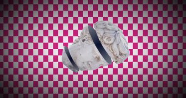 Kareli arka planda kafa heykelinin animasyonu. Sanat, abstarct ve şablon kavramı dijital olarak oluşturulmuş video.