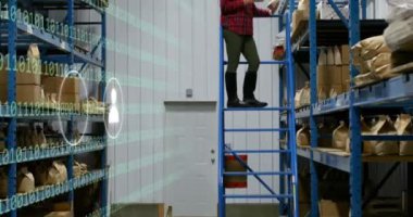 Depoda çalışan beyaz kadın hakkında ikonlar ve veri işleme animasyonları. Küresel gönderme, dijital arayüz, bulut hesaplama ve veri işleme kavramı dijital olarak oluşturuldu.