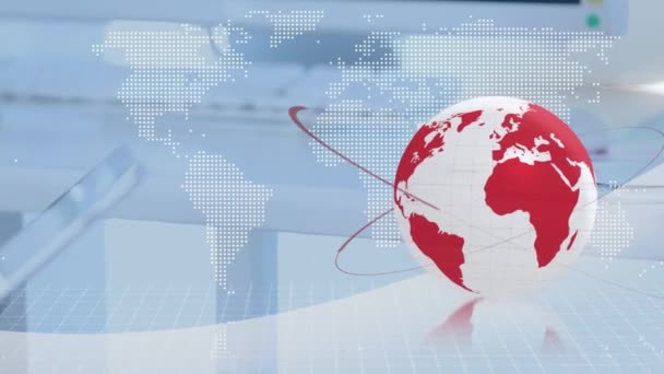 Animación Líneas Alrededor Del Mundo Mapa Con Patrón Cuadrícula Sobre — Vídeo de stock