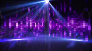 Mavi ışık noktalarının animasyonu ve mor müzik eşitleyicisi siyah arka planda. Gece hayatı ve disko konsepti