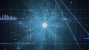 Grafik simgeleriyle bağlantılı noktalar ve matematiksel denklemler üzerinde lens parlamasının animasyonu. Dijital olarak üretilmiş, hologram, illüstrasyon, iletişim, rapor, iş ve teknoloji kavramı.