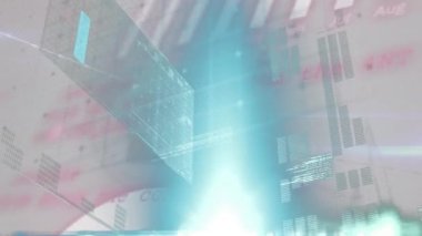 Grafiklerin animasyonu, bilgisayar diline karşı bağlı noktalar ve simgeler üzerine çubuklar yükleme. Dijital olarak üretilmiş, hologram, iletişim, küreselleşme, kodlama, makine öğrenme ve teknoloji kavramı.