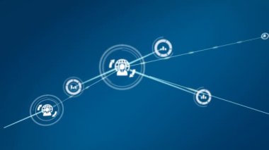 Animation of network of connections with icons over blue background. Global networks, business, finances, computing and data processing concept digitally generated video.