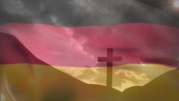 Animáció Lengő Német Zászló Ellen Sziluett Keresztre Feszítés Egy Hegyen — Stock videók