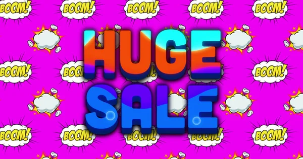 Image of huge sale text over comic boom texts on purple background. Social media and digital interface concept digitally generated image.