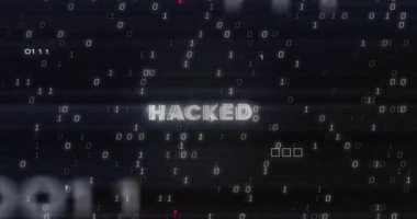 Devre kartından hacklenmiş metin ve ikili kodlama veri işleme animasyonları. Dijital olarak oluşturulan küresel çevrimiçi güvenlik, siber suç, bilgisayar ve veri işleme kavramı.