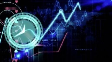 Dünya haritası üzerinde istatistiksel ve borsa veri işleme üzerindeki neon saatin animasyonu. Küresel ekonomi ve iş teknolojisi kavramı