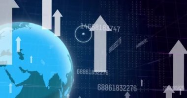 Oklu, ikonlu ve veri işlemeli kürenin animasyonu. Küresel ağlar, dijital arayüz, veri işleme ve bağlantılar konsepti dijital olarak oluşturuldu.