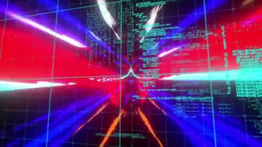 Işık yollarının animasyonu ve veri işleme. Küresel ağlar, dijital arayüz, hesaplama ve veri işleme kavramı dijital olarak oluşturuldu.