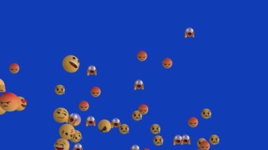 Mavi arka planda süzülen çoklu 3D duygu simgelerinin animasyonu. Dijital olarak üretilen hologram, duygular, emojiler, sosyal medya, tepkiler, soyut ve teknoloji kavramı.