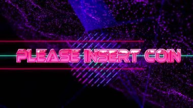 Arıza efekti üzerine animasyon efekti lütfen mor dijital dalgaya yazı pankartı takın. Video oyunu arayüzü teknolojisi kavramı